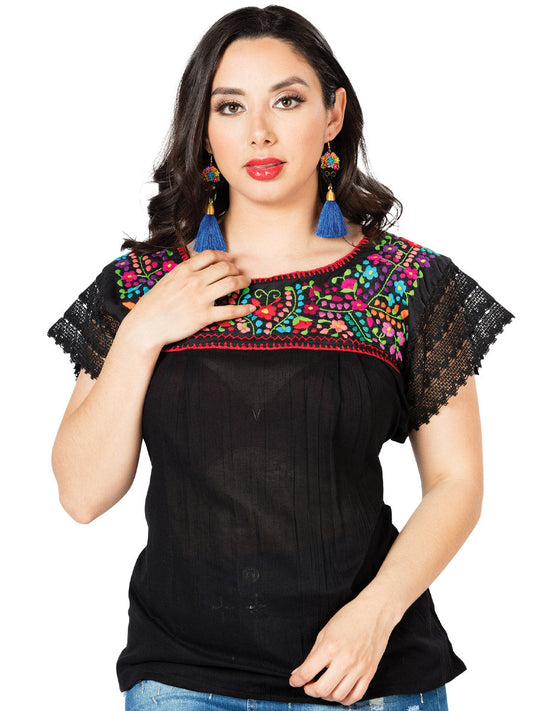 Artisanal Embroidered Blouse 100% Cotton Black 603098