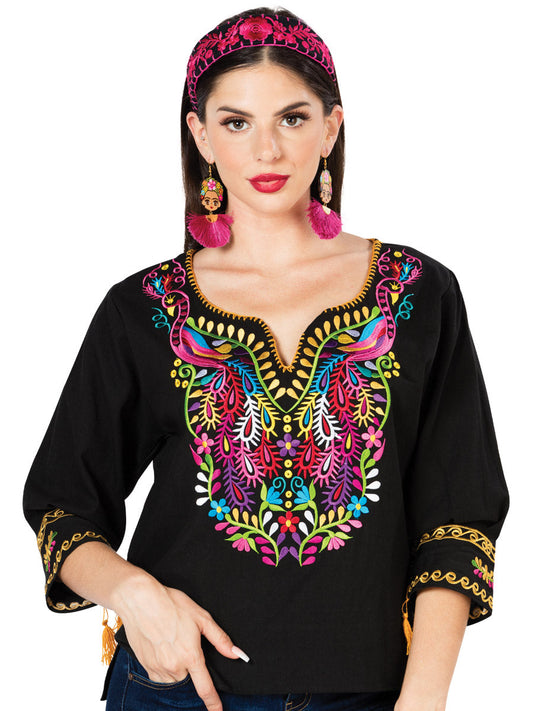 Artisanal Embroidered Blouse 100% Cotton Black 603179
