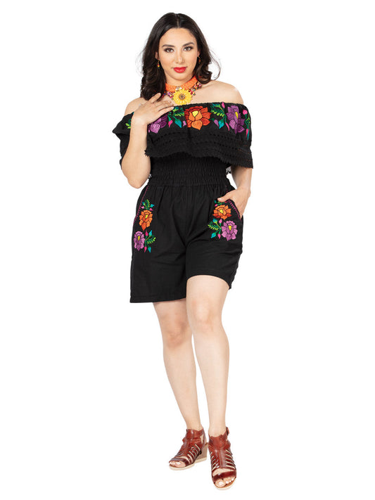 Artisanal Embroidered Romper 100% Cotton Black 603190