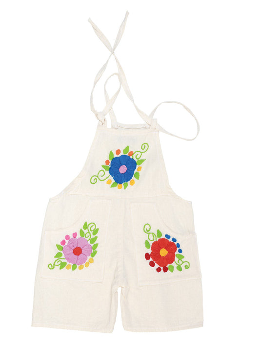 Artisanal Embroidered Overalls Short  100% Cotton Beige 603584