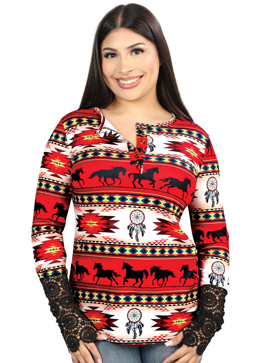 El General Womens Aztec Shirt- Burgundy 702060